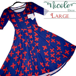 LuLaRoe X Pattern Nicole Large NEW Navy Blue Red Skater Dress Fit & Flare